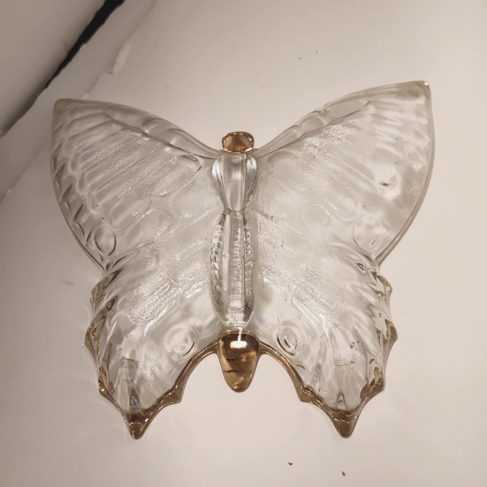 ButterFly Shaped Clear Glass Trinket Dish Candy Dish Gold Trim